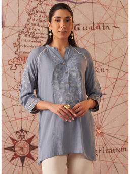 Lakshita - Smokey Blue Embroidered Rayon for Women Casual Tunic