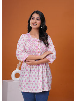 Meeranshi - White and Pink Butta Flared Floral Printed Kurta Casual Top
