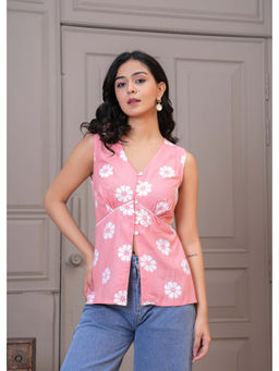 Meeranshi - Peach Floral Printed sleeveless Casual Top