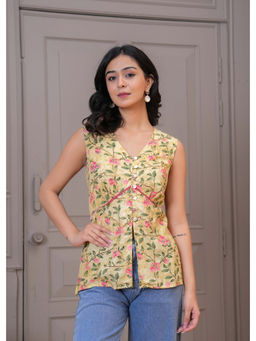 Meeranshi - Yellow Floral Printed sleeveless Casual Top