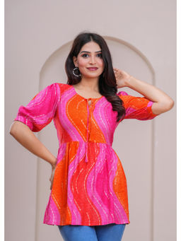 Meeranshi - Orange & Pink bandhani Printed A Line Casual Top