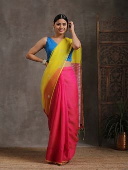 Triyah - Pink Yellow Chanderi Saree without Blouse