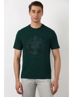 Peter England - Men Embroidered Crew Neck Round Neck T-Shirt - Green