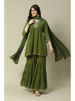 Rangriti - Green Viscose Gathered Printed Kurta Sharara And Dupatta (Set of 3)