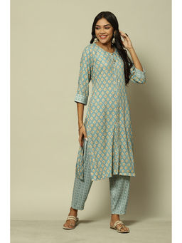 Rangriti - Blue Cotton Blend Straight Printed Kurta Pants (Set of 2)