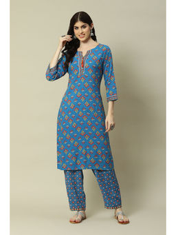 Rangriti - Cobalt Blue Viscose Straight Printed Kurta Pants (Set of 2)