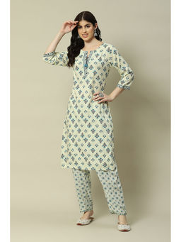 Rangriti - Ecru Viscose Straight Printed Kurta Pants (Set of 2)