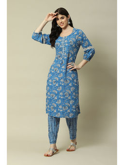 Rangriti - Blue Viscose Straight Printed Kurta Pants (Set of 2)