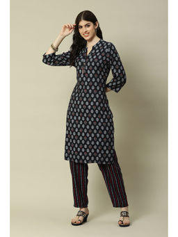 Rangriti - Navy Blue Cotton Blend Straight Printed Kurta Pants (Set of 2)