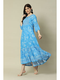 Rangriti - Aqua Blue Viscose Tiered Printed Dress