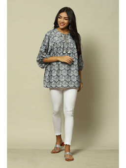 Rangriti - Grey and Blue Cotton Tiered Printed Top