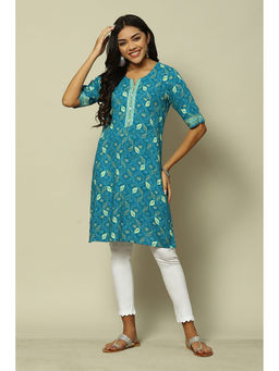 Rangriti - Turquoise Viscose Straight Printed Kurta