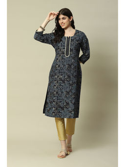 Rangriti - Navy Blue Viscose Straight Printed Kurta