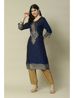 Rangriti - Navy Blue Viscose Blend Straight Printed Kurta