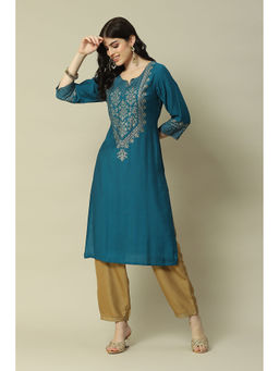 Rangriti - Teal Nylon Viscose Straight Printed Kurta