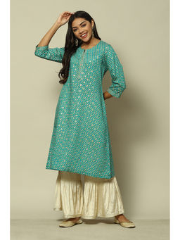 Rangriti - Aqua Blue Viscose Straight Printed Kurta
