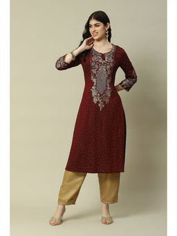 Rangriti - Maroon Poly Viscose Straight Printed Kurta