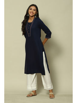 Rangriti - Indigo Blue Viscose Straight Solid Kurta