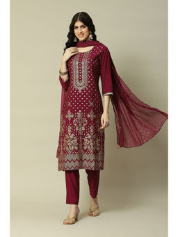 Rangriti - Burgundy Cotton Straight Printed Kurta Pants And Dupatta (Set of 3)