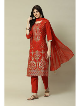 Rangriti - Rust Cotton Straight Printed Kurta Pants And Dupatta (Set of 3)