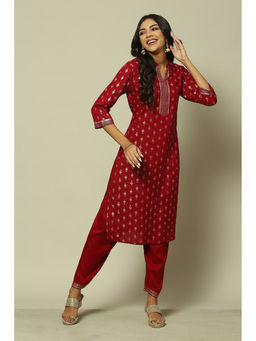 Rangriti - Maroon Rayon Straight Printed Kurta Pants (Set of 2)