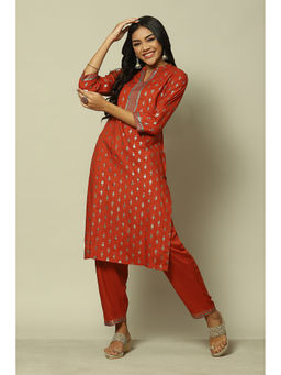Rangriti - Rust Cotton Blend Straight Printed Kurta Pants (Set of 2)