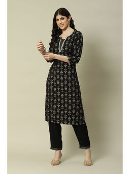 Rangriti - Black Cotton Blend Straight Printed Kurta Pants (Set of 2)