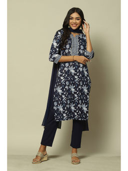 Rangriti - Indigo Blue Cotton Straight Printed Kurta Pants With Dupatta (Set of 3)