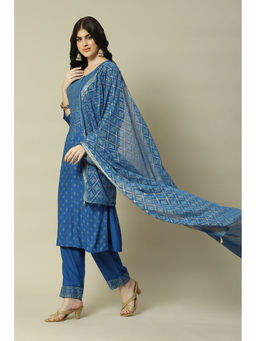 Rangriti - Blue Viscose Straight Printed Kurta Pants With Dupatta (Set of 3)