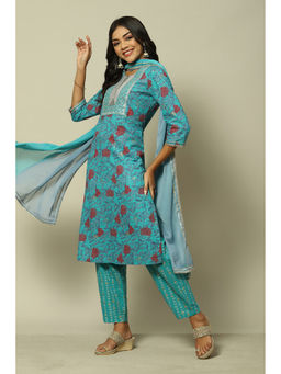 Rangriti - Aqua Blue Cotton Straight Printed Kurta Pants With Dupatta (Set of 3)