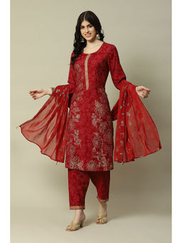 Rangriti - Maroon Viscose Blend Straight Printed Kurta Pants With Dupatta (Set of 3)