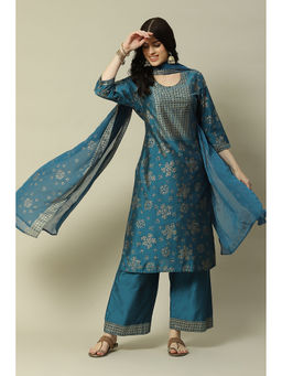 Rangriti - Teal Blue Polyester Straight Printed Kurta Palazzo And Dupatta (Set of 3)