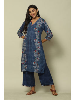 Rangriti - Indigo Blue Viscose Straight Printed Kurta Palazzos (Set of 2)