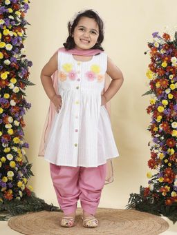 Little Bansi - Cotton Sleeveless Flower Kurta with Salwar and Dupatta - White