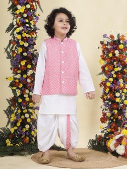 Little Bansi - Boys Cotton Nehru Jacket with Kurta and Dhoti - Pink