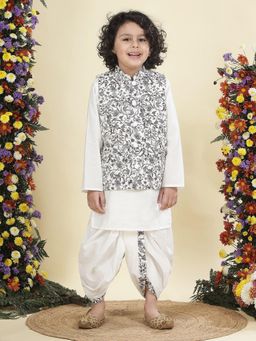 Little Bansi - Boys Cotton Nehru Jacket with Kurta and Dhoti - White