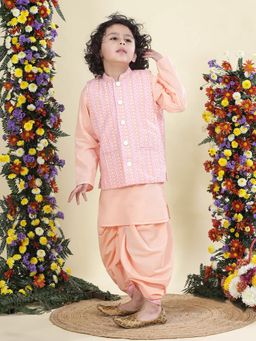 Little Bansi - Boys Cotton Nehru Jacket with Kurta and Dhoti - Peach
