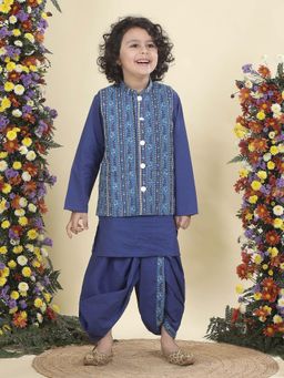 Little Bansi - Boys Cotton Bloom Nehru Jacket with Kurta and Dhoti -Blue