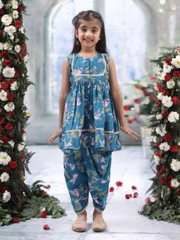 Little Bansi - Muslin Sleeveless Floral Bloom Kurta and Salwar- Teal