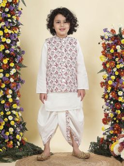 Little Bansi - Boys Cotton Nehru Jacket with Kurta and Dhoti -Off White