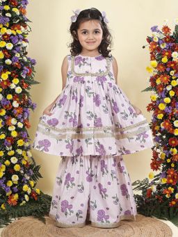 Little Bansi - Muslin Sleeveless Kurta with lace work and Sharara - Purple