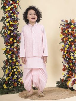 Little Bansi - Boys Cotton Embrodiered Nehru Jacket with Dhoti and Kurta- Pink