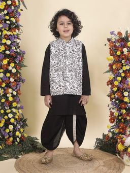Little Bansi - Boys Cotton Nehru Jacket with Kurta and Dhoti - Black