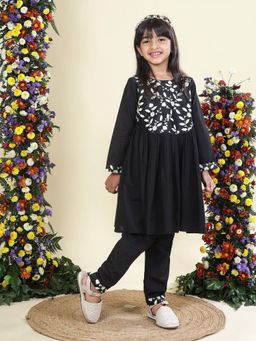 Little Bansi - Cotton Full Sleeves Floral Embroidery Kurta with Pant- Black