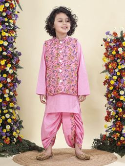 Little Bansi - Boys Cotton Nehru Jacket with Dhoti and Kurta- Pink