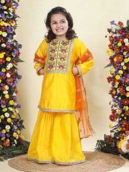 Little Bansi - Girls Silk Floral Embroidery Kurta and Sharara and Dupatta -Yellow