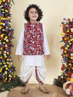 Little Bansi - Boys Cotton Nehru Jacket with Kurta and Dhoti - Red
