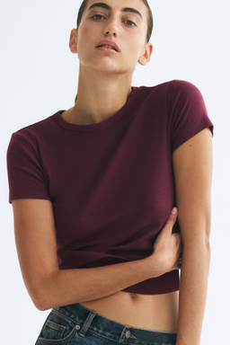 H&M - Women Red Ribbed T-Shirt