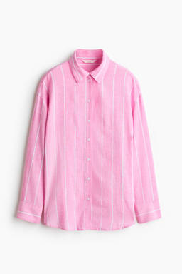 H&M - Women Pink Oversized Linen-Blend Shirt