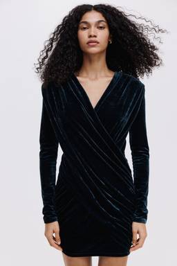 H&M - Women Turquoise Draped Velour Mini Dress
